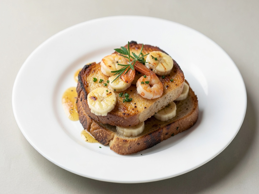 Toast gratinato con banane e gamberi