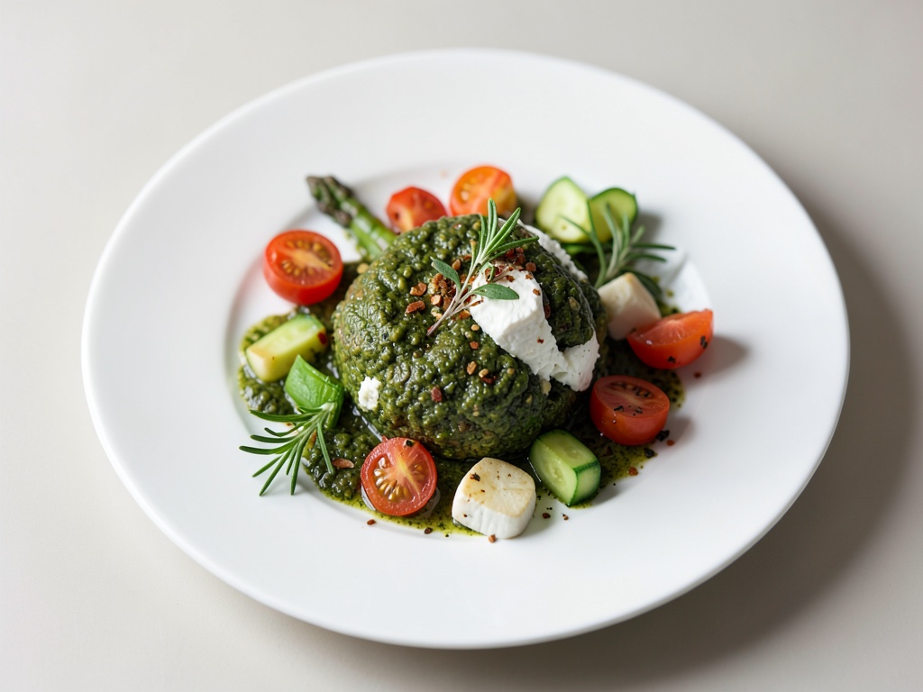 Pesto au thym avec fromage de chèvre et légumes