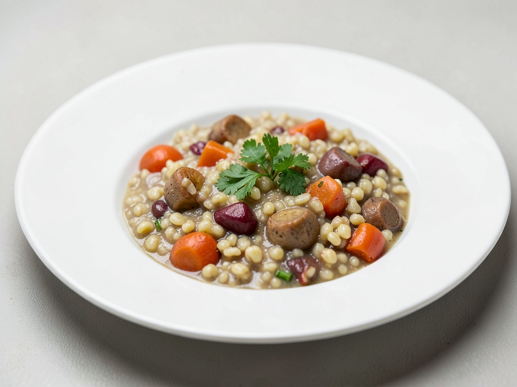 Guiso cremoso de perlas de cebada con verduras de raíz
