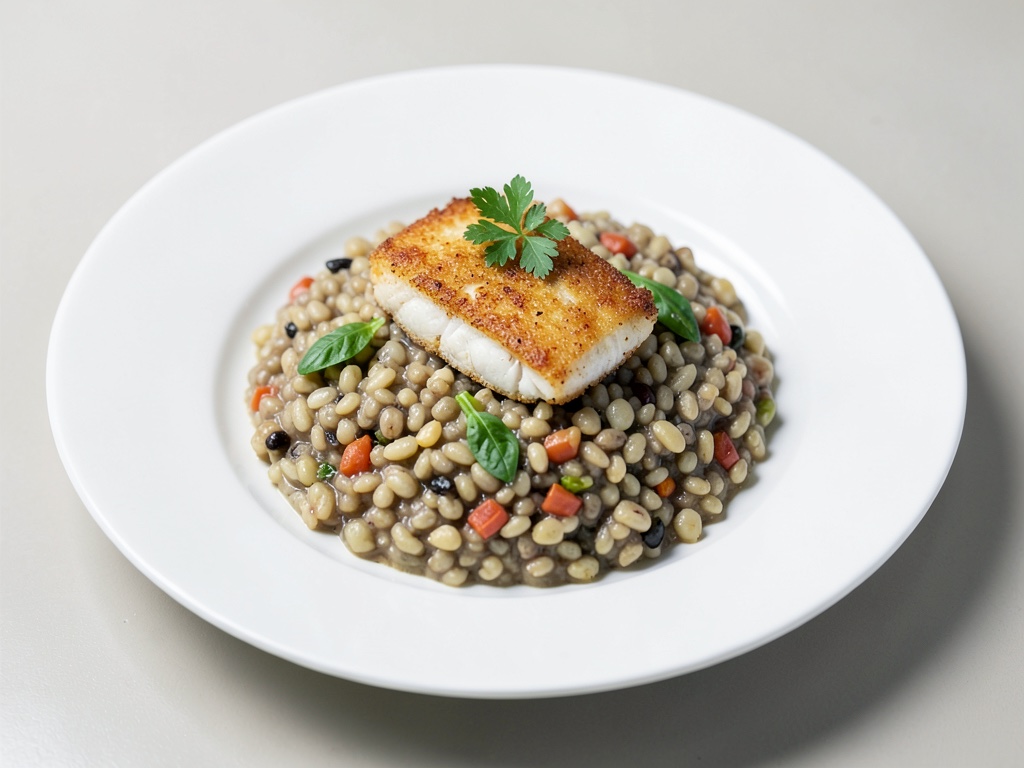 Risotto aux perles d'orge avec poisson frit