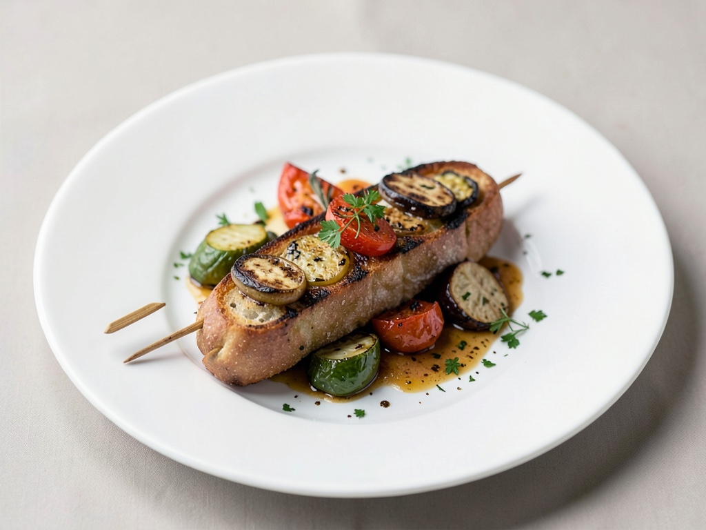 Pane su spiedino di legno con verdure alla griglia
