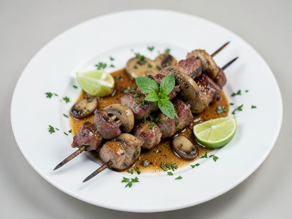 Spiedini di carne succulenti con funghi e lime
