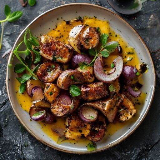 Strisce di polenta alla griglia con salsicce e cipolle