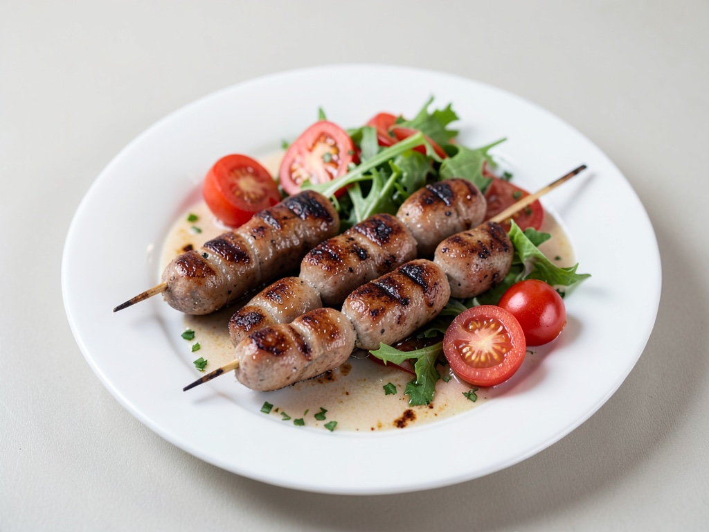Spiedini di salsiccia con insalata di pomodori fresca