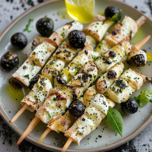 Brochettes de grissini avec boulettes de fromage frais de chèvre et olives