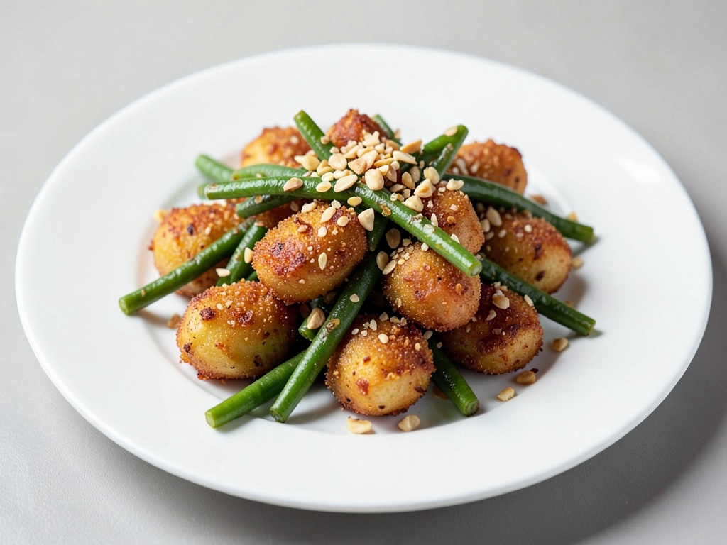 Pommes de terre croustillantes aux haricots verts et pignons de pin grillés