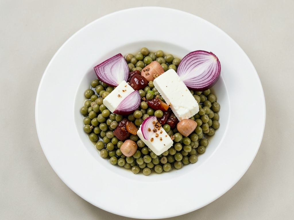 Gaufrettes croustillantes aux pois avec œuf au plat, fromage de chèvre et oignons caramélisés