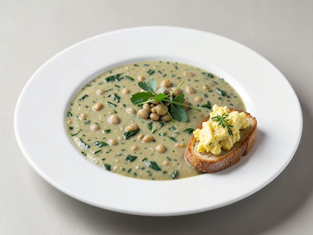 Zuppa cremosa di ceci e spinaci con crostini di uova strapazzate