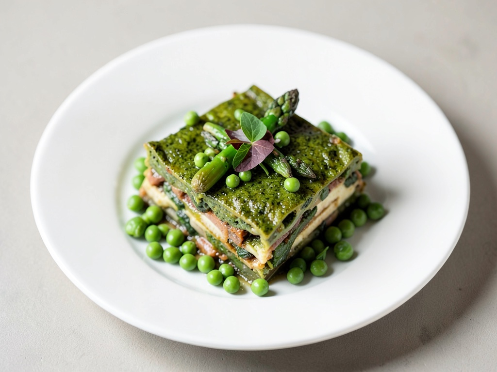 Vegane grüne Lasagne mit Erbsen und Spargel