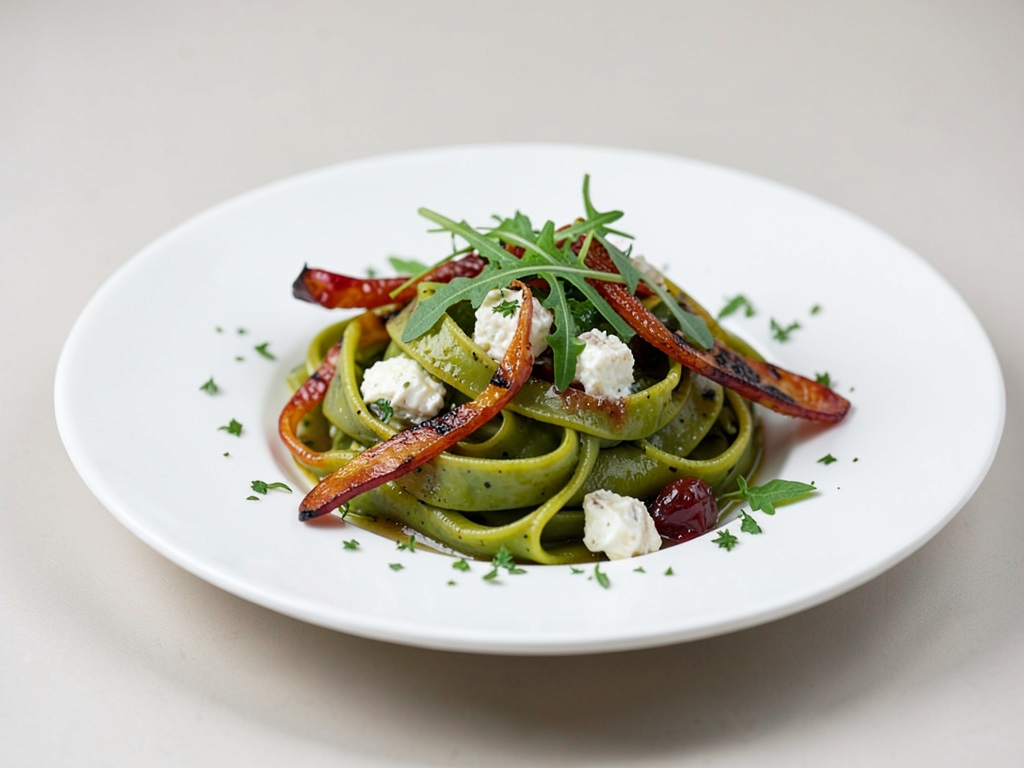 Grüne Tagliatelle mit gegrillten Paprikastreifen, Ziegenkäse und Rucola