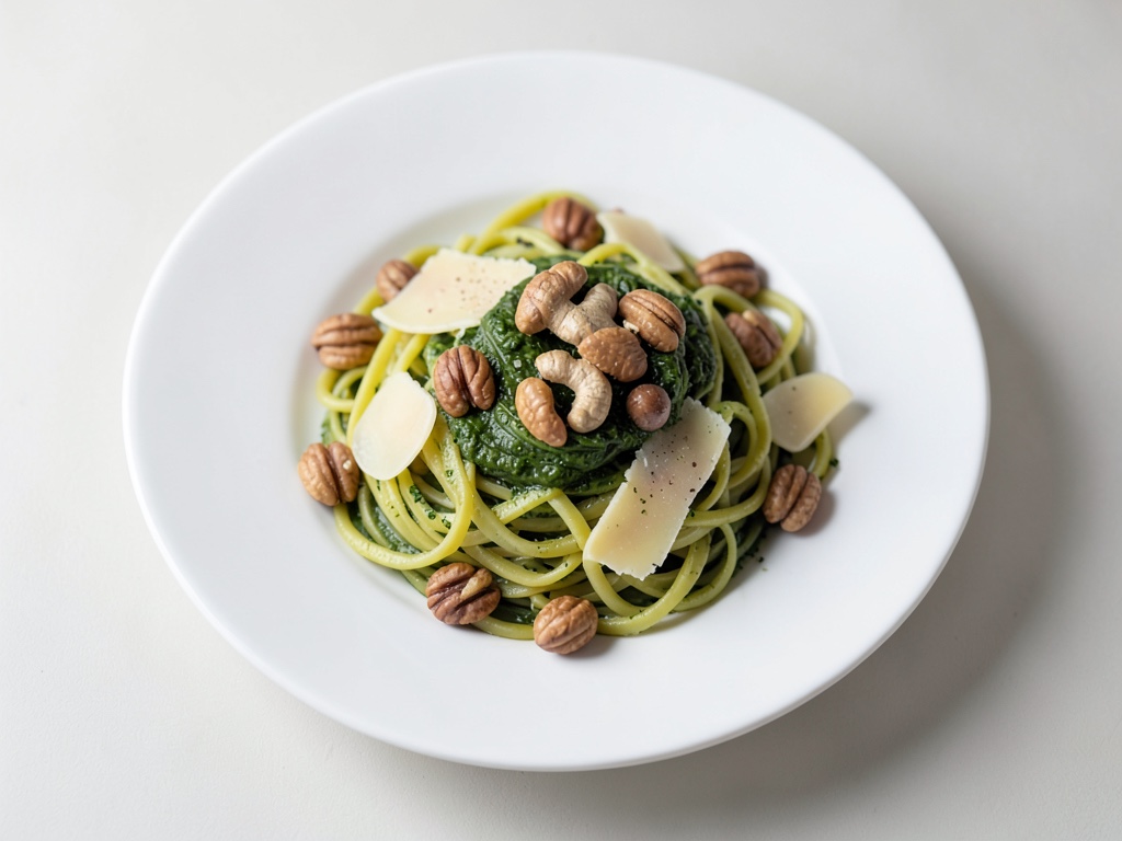 Grüne Pesto-Pasta mit Zuckerschoten und Walnüssen