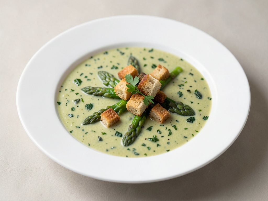 Zuppa cremosa di asparagi verdi alle erbe con crostini croccanti