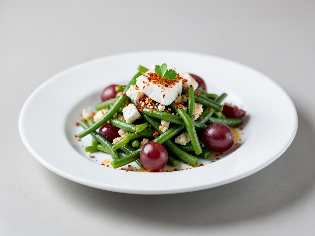 Frischer Bohnensalat mit würzigem Käse und Trauben