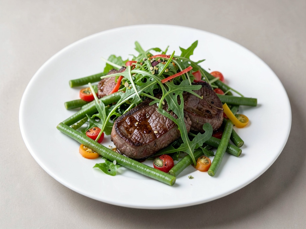 Insalata colorata con fagiolini, rucola e succulenta bistecca