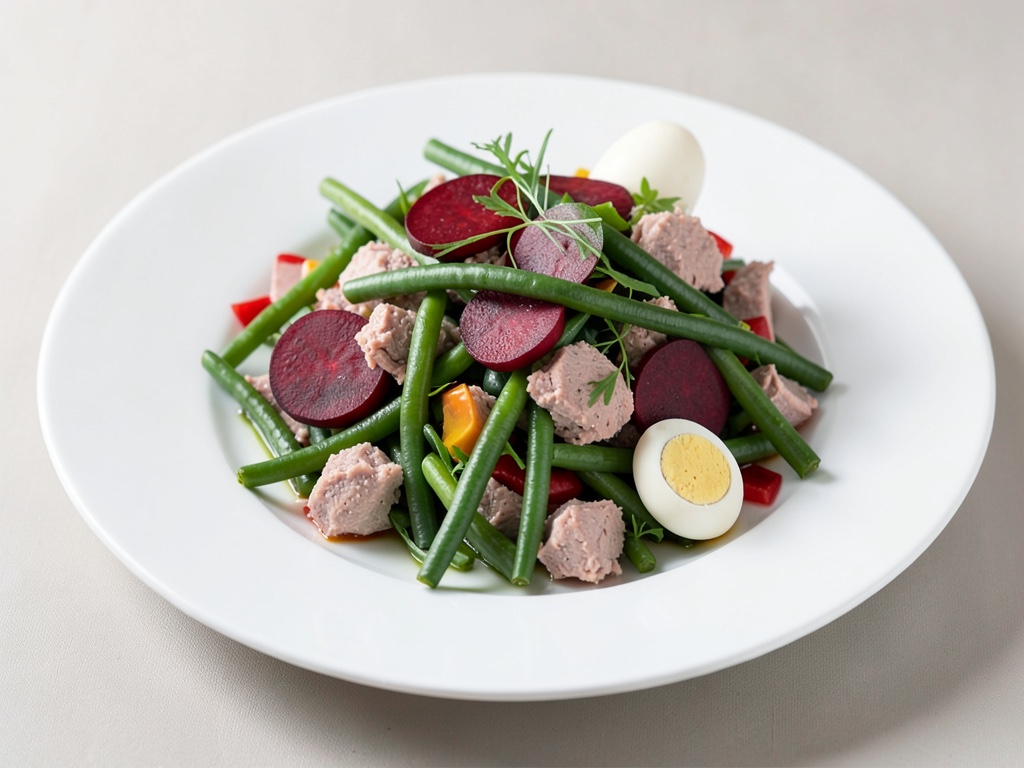 Salade colorée aux haricots verts, thon, betterave rouge et œufs de caille