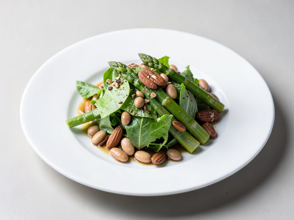 Insalata fresca con asparagi verdi, fagioli e mandole tostate
