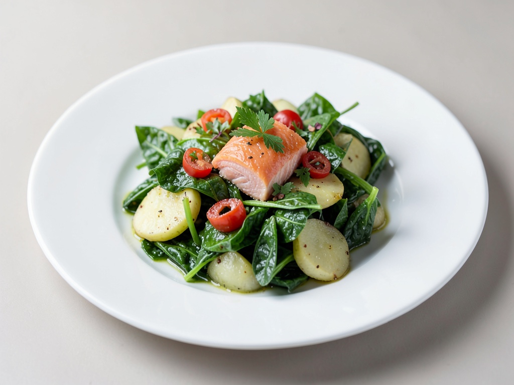 Insalata di patate verdi fresche con salmone