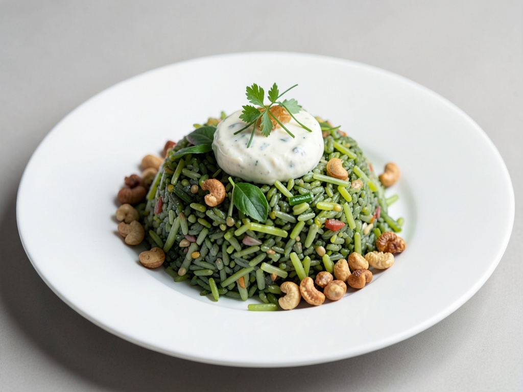Fresco insalata di riso verde con cetrioli, yogurt e anacardi tostati