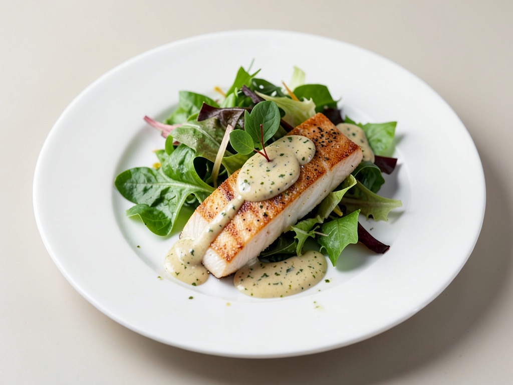 Insalata verde fresca con merluzzo al vapore e maionese fatta in casa