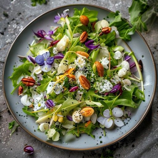 Insalata di inizio estate con formaggio erborinato, noci e fiori commestibili