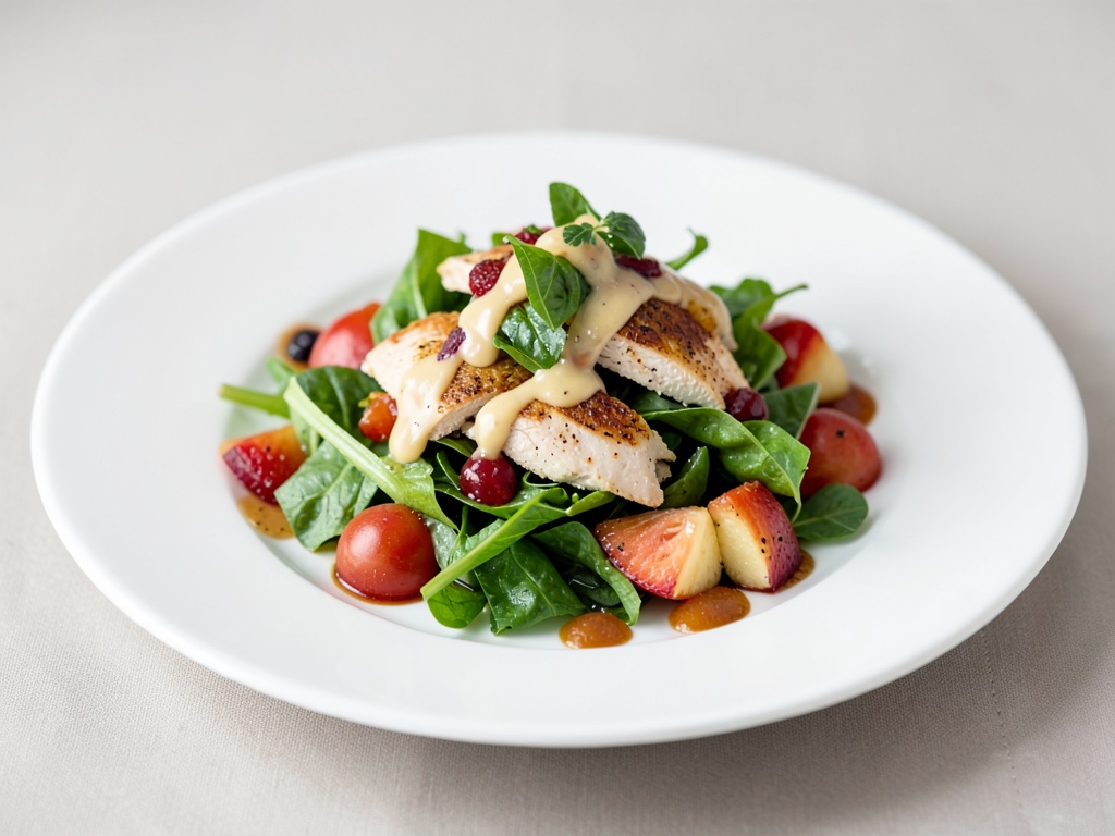 Insalata mista colorata con pollo alla griglia, frutta e dressing ai lamponi