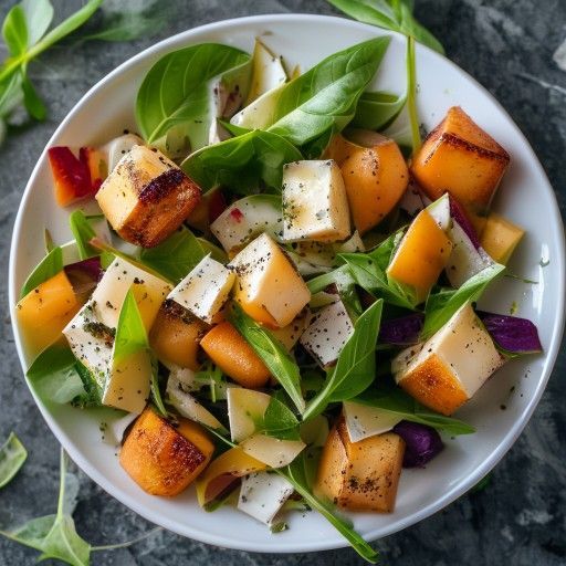 Insalata fresca di lattuga con nettarine e cubetti croccanti di Camembert