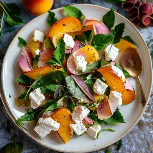 Insalata fresca di foglie con pesche alla griglia, prosciutto e feta