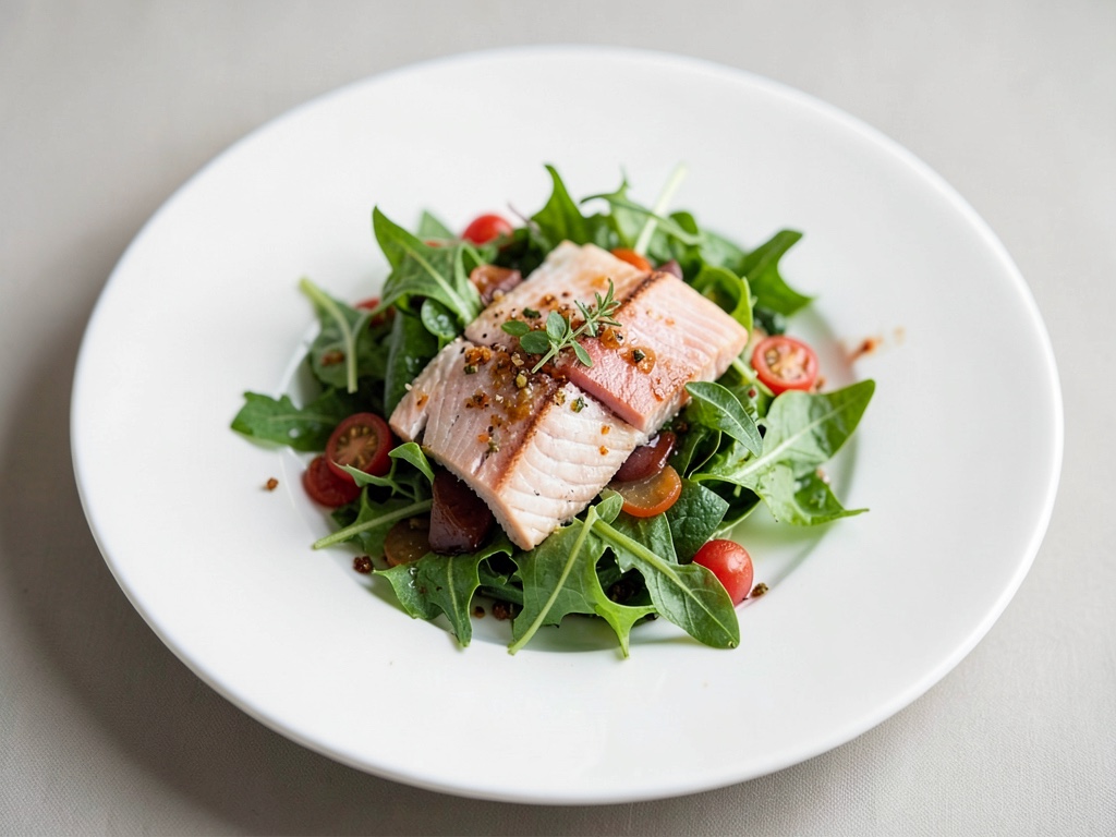 Insalata verde fresca con trota affumicata