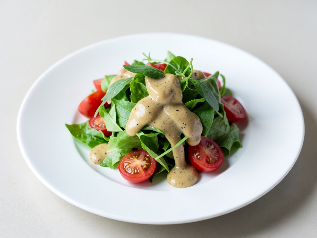Insalata verde fresca con pomodori e condimento al miele e senape