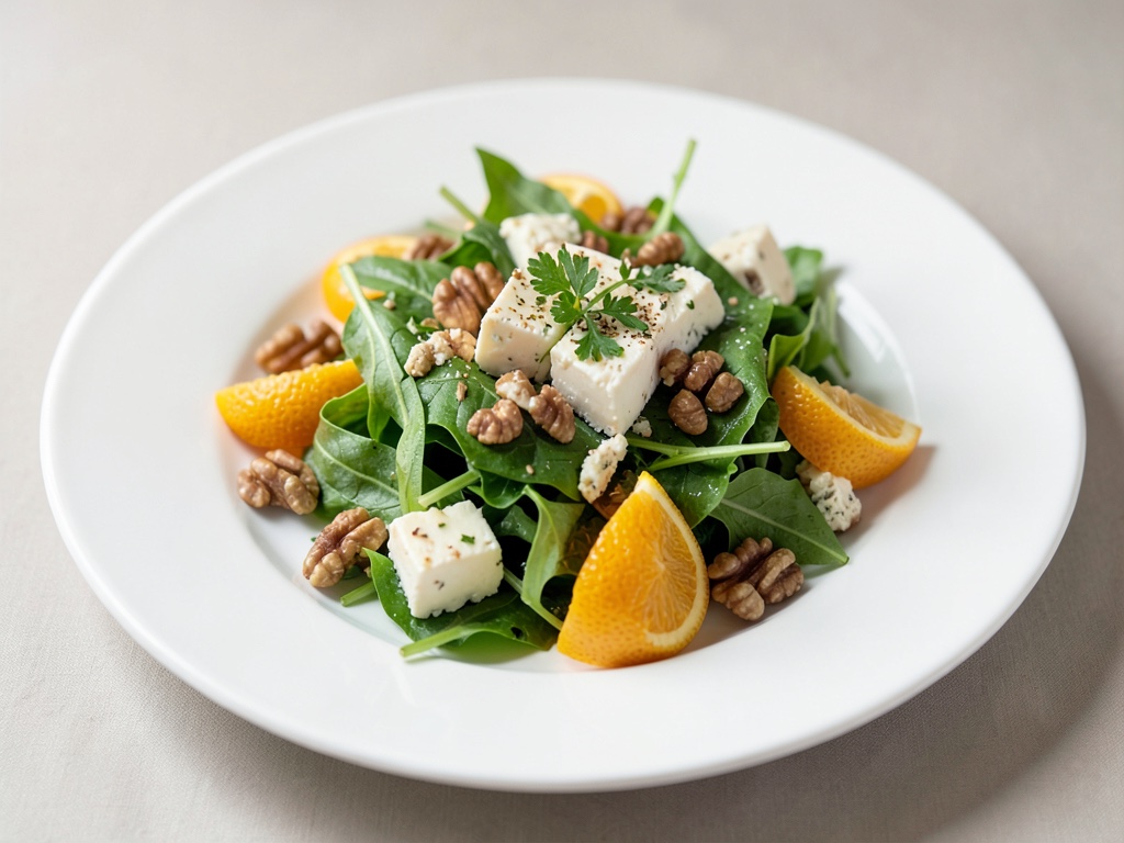 Insalata verde fresca con formaggio di capra, arance e noci