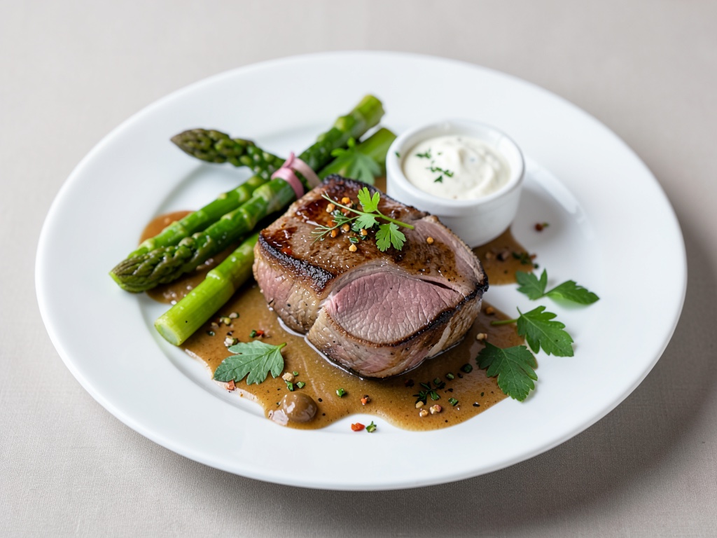 Bistecche di vitello con asparagi al forno e salsa allo yogurt