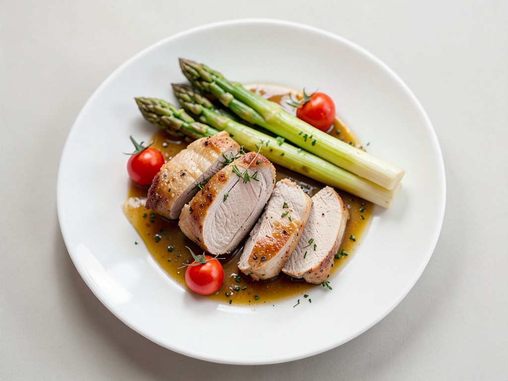 Divertimento tenero con pollo e asparagi verdi