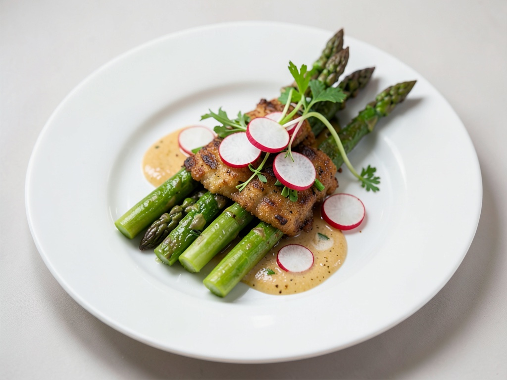 Piatto in padella con asparagi verdi e ravanelli