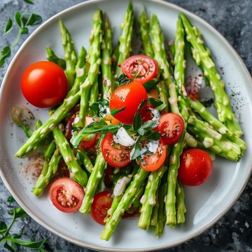 Asparago verde con salsa fresca di pomodori, olive e olio