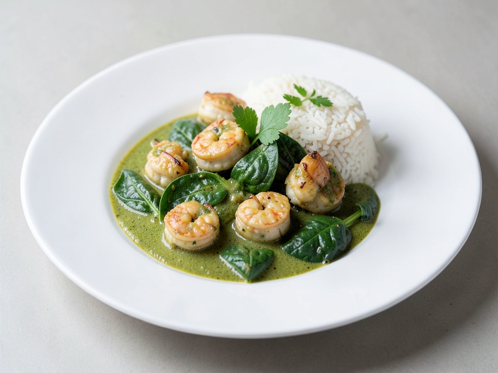 Curry verde con frutti di mare, spinaci e riso
