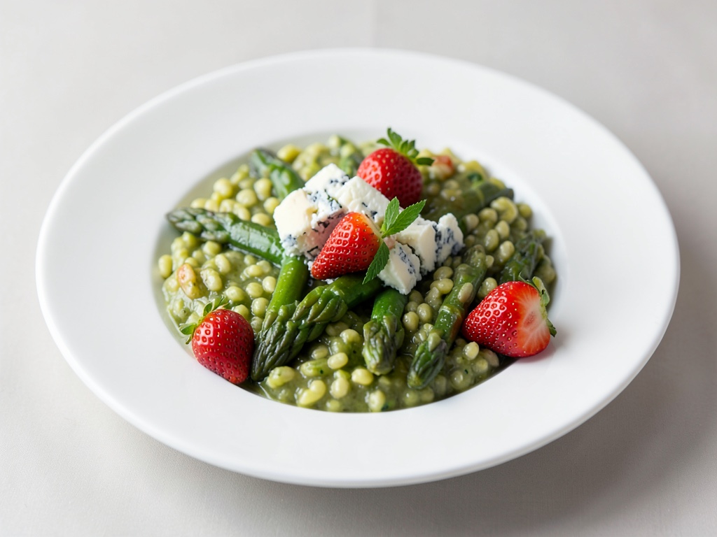Risotto agli asparagi verdi con formaggio erborinato e fragole