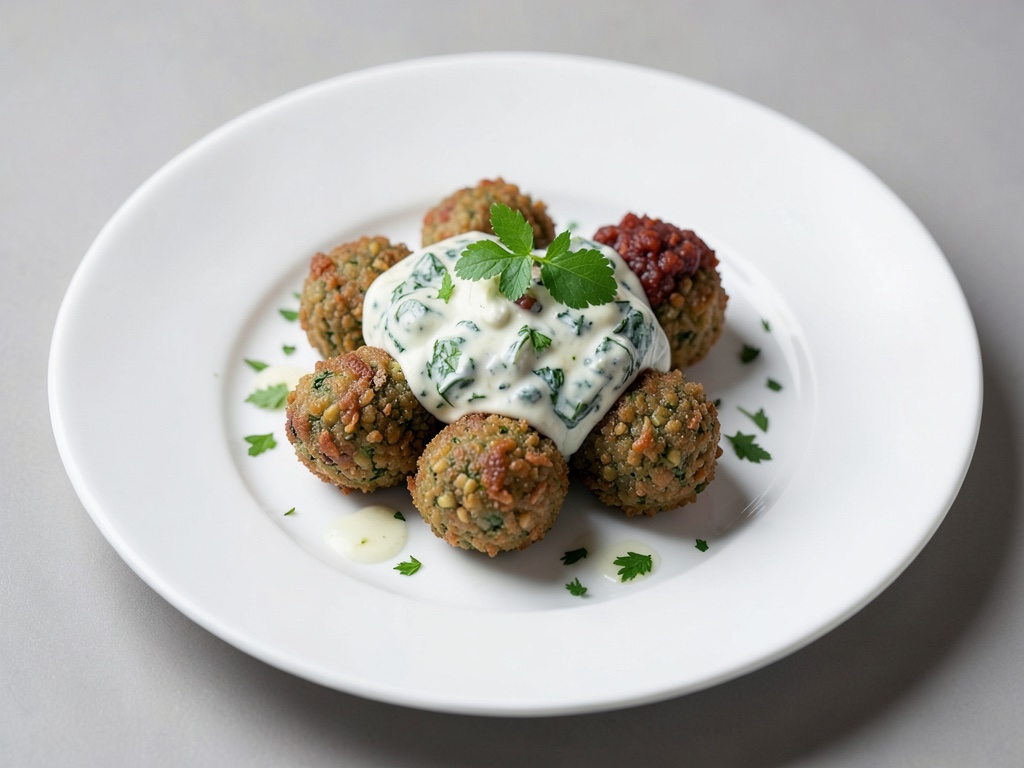 Polpette croccanti di Grünkern con spinaci cremosi e Ajvar