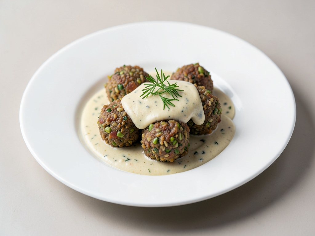 Albóndigas crujientes de Grünkern con salsa cremosa de pimiento