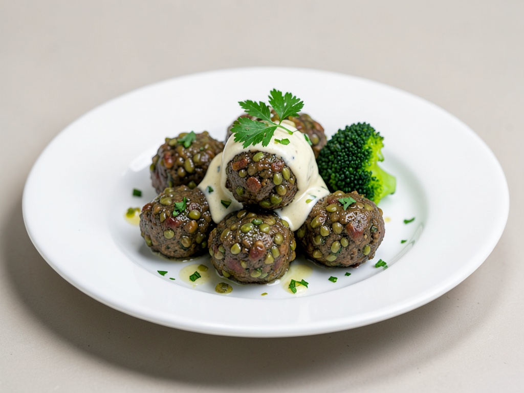 Polpette di Grünkern con crema di capperi e broccoli