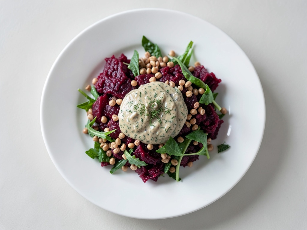 Insalata croccante di Grünkern con cavolo rosso e crema di anacardi al aneto
