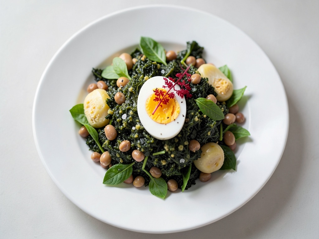 Insalata cremosa di cavolo riccio con ceci tostati e uova