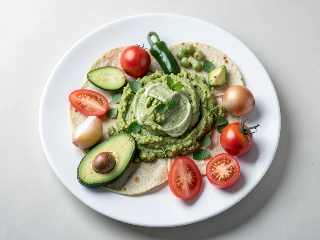 Guacamole fresco en tortillas con crema de aguacate y verduras