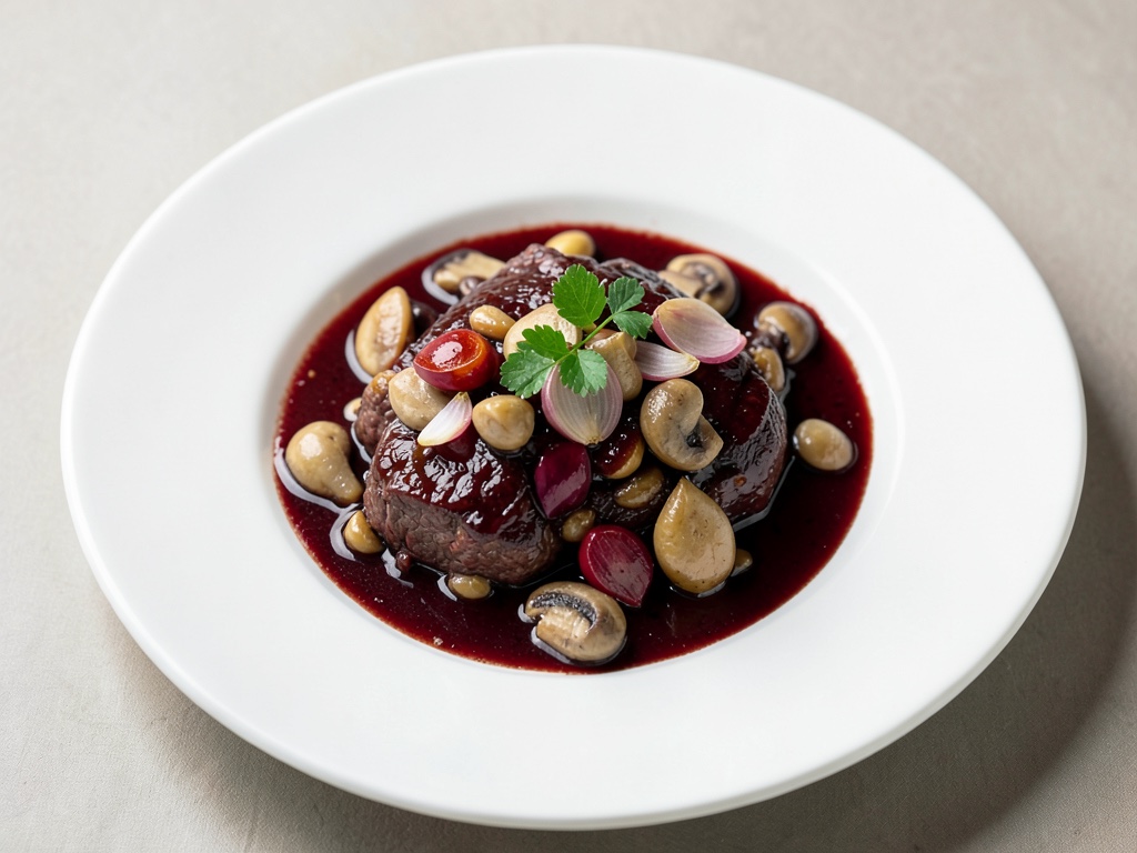 Stufato di manzo tenero con vino rosso, scalogni e funghi
