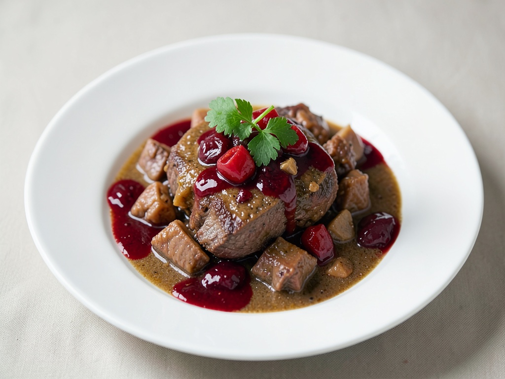 Gulasco di agnello con salsa di mirtilli rossi e vino Porto