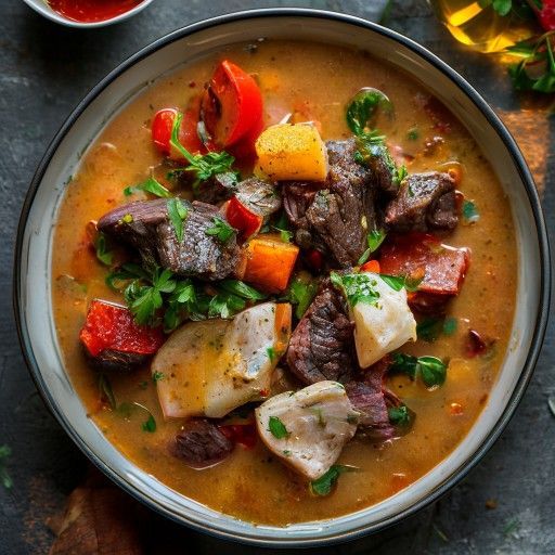 Zuppa di gulasco di manzo saporita con verdure colorate