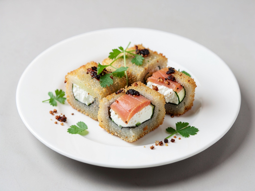 Rollos crujientes de pepino y salmón ahumado con relleno de queso crema
