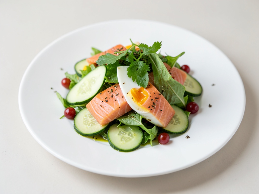 Insalata fresca con cetriolo, salmone e uovo