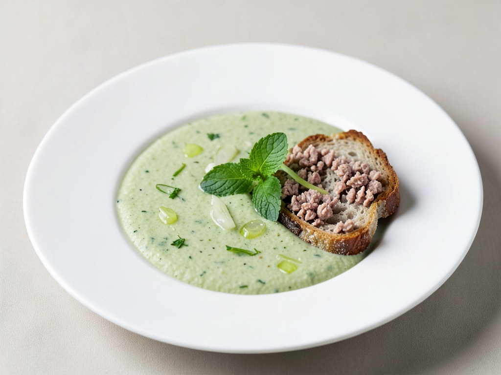 Sopa fría de pepino y menta con pan de atún