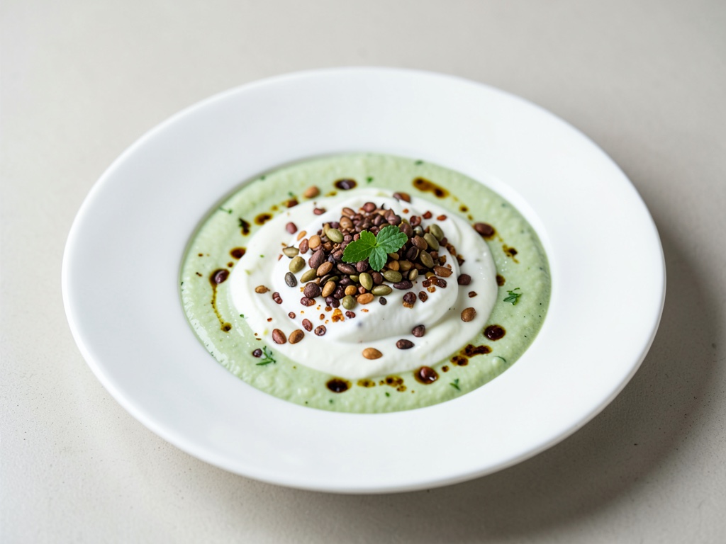Soupe froide de concombre et yaourt avec des graines rôties