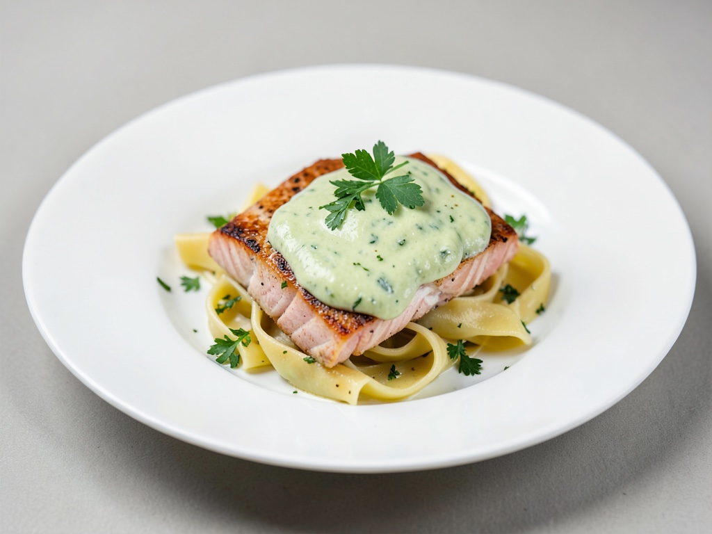 Salmone con salsa cremosa di cetrioli e panna e tagliatelle
